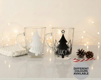 Personalised Christmas Glass Mug: Tree Design | Custom Name Festive Gift | Gift for Him and Her | Winter Tea and Coffee Cup