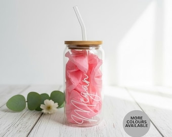 Personalised Glass Tumbler with Name | Custom Aesthetic Cup with Bamboo Lid & Straw | Cute Pink Gift for Her | Bridesmaid Gift | Birthday