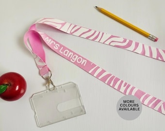 Personalised Zebra Print Lanyard | Custom Name Teacher ID Holder | Personalised Teacher Lanyard | Animal Print Name Lanyarf