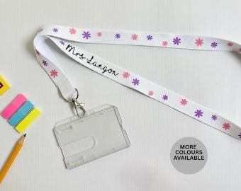 Personalised Floral Print Lanyard | Custom Name ID Badge Holder | Personalised Teacher Lanyard | Name Lanyard | Flower Teacher Lanyard