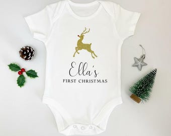 Personaliswd Baby's First Christmas Bodysuit | Gold Reindeer Baby Vest | My First Christmas Outfit