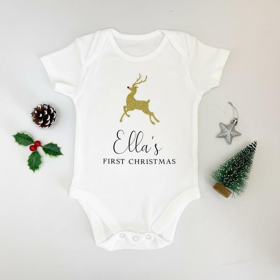 Personaliswd Baby's First Christmas Bodysuit | Gold Reindeer Baby Vest | My First Christmas Outfit