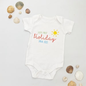 Personalised Baby&#39;s First Holiday Vest | Keepsake Toddler Top | First Holiday Keepsake | Baby Milestone