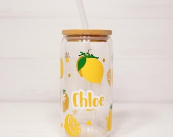 Personalised Lemon Glass Cup  with Straw | Summer Tumbler Gift | Custom Iced Coffee Cup | Fruit Design Smoothie Glass | Gift For Her
