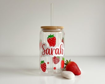 Personalised Strawberry Glass Cup with Straw | Summer Iced Coffee Tumbler Gift | Fruit Design Smoothie Cup | Birthday Gift For Her