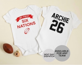 Personalised Baby Rugby Vest – My First Six Nations Bodysuit – Custom Name & Number Baby Grow – England Rugby Baby Outfit – Newborn Gift