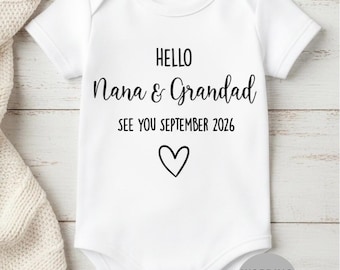 Personalised Pregnancy Announcement Baby Vest, Hello Nana & Grandad Bodysuit, Grandparent Announcement Outfit, Custom Relative Baby Reveal