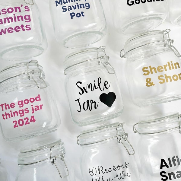 Tarro de cristal personalizado / Regalo de San Valentín personalizado / Tarro hermético de 1 litro con texto personalizado / Tarro para dulces, recuerdos y cocina