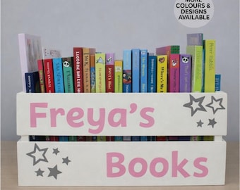 Personalised Wooden Book Crate | Kids Toy Storage Box | Custom Name Book Bin | Nursery Decor | Space, Unicorn, Dinosaur, Car, Rainbow Themes
