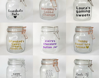 Personalised Jar, Custom Glass 1 litre Jar- Silver or Copper Clip Top Jar, Personalised Sweet Jar, Pet Treat Jar