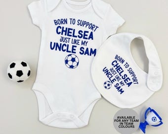 Personalised Baby Football Vest & Bib Set – Custom Uncle Name Bodysuit – Football Fan Baby Gift – New Baby Gift for Football Family – Cute B