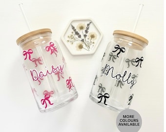 Personalised Bow Glass Cup with Bamboo Lid  & Glass Straw | Cute Birthday Gift For Her | Custom Name Iced Coffee Cup |  Bridesmaid Gift