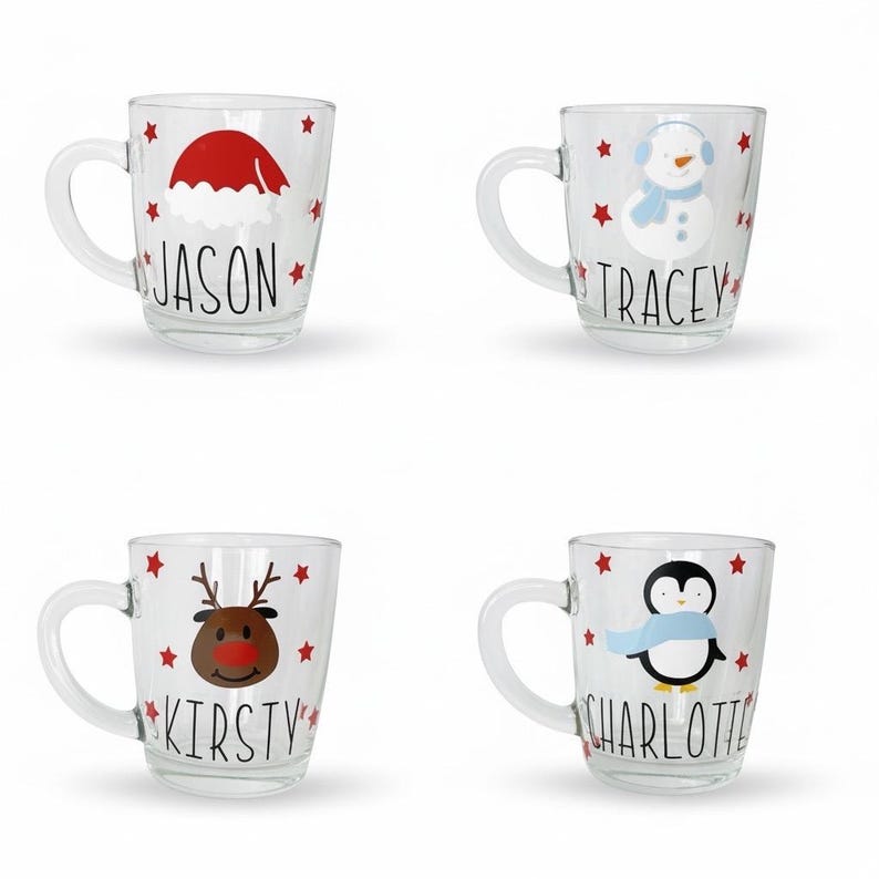 Personalised Christmas Mugs – Custom Holiday Glass Cup with Name | Penguin, Reindeer, Snowman & Santa Hat Design | Festive Hot Chocolate Mug