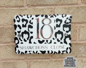 Personalised Animal Print House Sign | Custom Pattern Acrylic Address Number | New Home Gift | Painted Address Wall Plaque