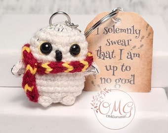 Owl with scarf, white / brown owl tawny owl magical creature, handmade crochet amigurumi keychain, car charm, tiny crochet keychain tag