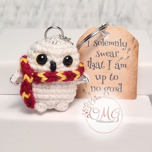 Owl with scarf, white / brown owl tawny owl magical creature, handmade crochet amigurumi keychain, car charm, tiny crochet keychain tag