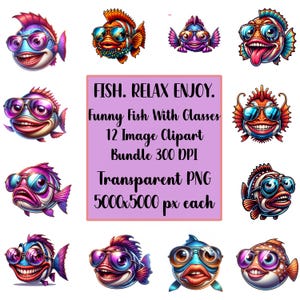 Cool Fish Wearing Sunglasses Funny Clipart, 12-Image Clipart Bundle 300DPI Transparent PNG, Fun Cartoon Sea Animal Craft Graphics, Digital
