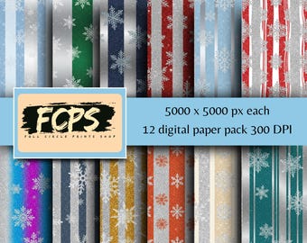 Glitter Snowflake Digital Paper: 12 Seamless Winter PNG Patterns (300 DPI)