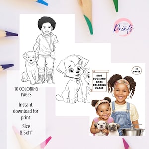 Kids, Dogs and Cats Coloring Pages, 10 Page Printable PDF, Pet and Child Theme, Instant Download, 8.5x11 Inch Activity