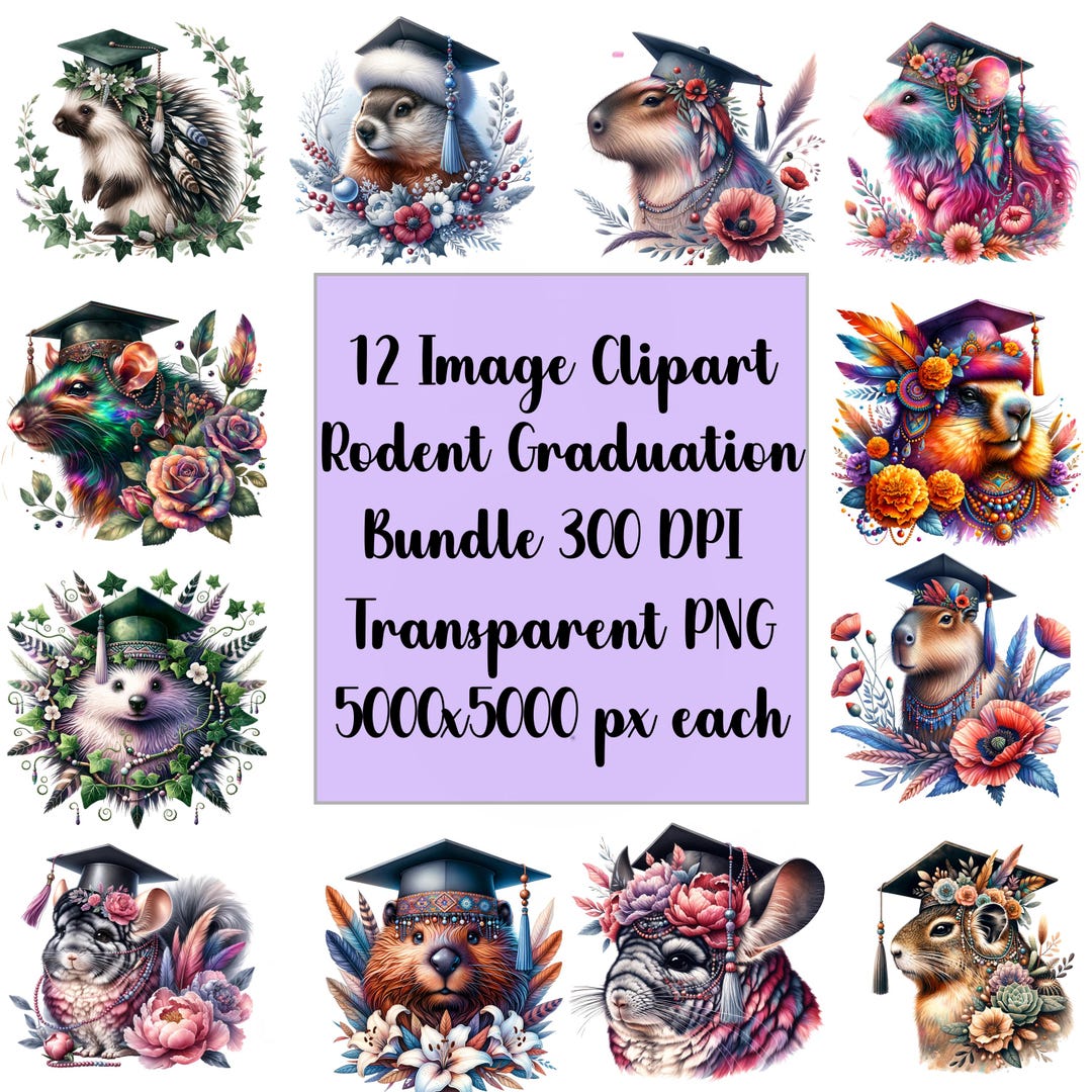 Vibrant Fantasy Graduation Mouse and Other Rodents, 12 Image Clipart ...