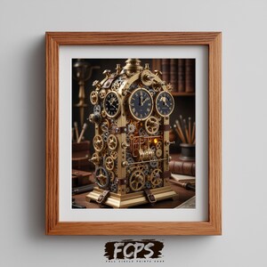 May include: A framed print of a steampunk clock. The gold-coloured clock features numerous gears, dials, and intricate details. The clock face has black backgrounds with gold hands. The print is in a wooden frame.