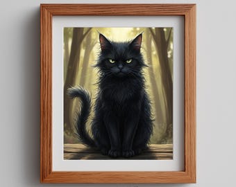 Black Cat Art Print – Gothic Woodland, Witchy Decor (Digital Download) V95
