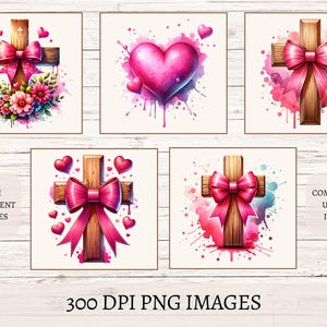 Vibrant floral bow cross watercolor clipart, perfect for crafts, scrapbooking, invitations, 5 Image Clipart Bundle 300 PPI Transparent PNG