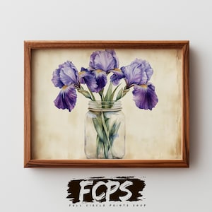 May include: A framed print featuring a watercolor illustration of purple irises in a clear glass jar. The irises have detailed petals and green stems. The background is a soft, aged parchment color. The frame is a dark brown wood. The print is from Full Circle Prints Shop.