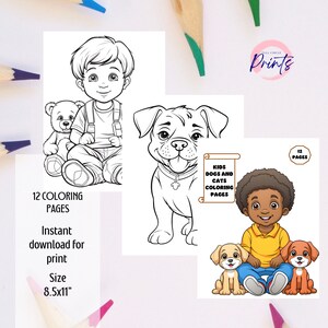 Kids, Dogs and Cats Coloring Pages, 12 Page Printable PDF, Animal and Child Theme, Instant Download, 8.5x11 Inch