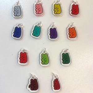 Könnte beinhalten: Eine Sammlung von dreizehn einzelnen Gummibärchen-Anhängern aus klarem Acryl mit farbenfrohen Druckmotiven. Jeder Anhänger zeigt eine einzigartige Bärenfigur in verschiedenen Farben wie Rot, Blau, Grün, Gelb, Orange, Rosa und Braun.