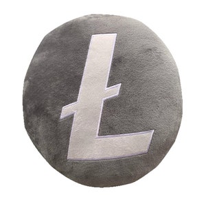 May include: A gray plush pillow with a white embroidered Litecoin logo.