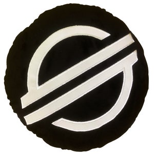 May include: A black and white round pillow with a white embroidered logo of a stylized letter S.
