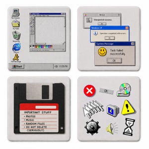 Könnte beinhalten: Vier quadratische Untersetzer mit nostalgischen Computer-Designs. Enthält eine Windows XP-Fehlermeldung, eine Diskette mit der Aufschrift "IMPORTANT STUFF" und klassische Windows-Symbole. Ein lustiges Retro-Geschenk.
