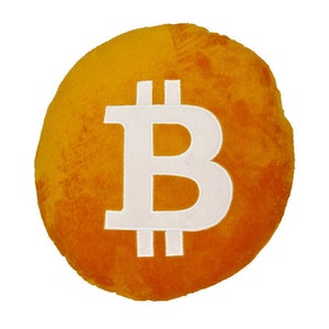 May include: A plush orange pillow with a white Bitcoin symbol in the center.