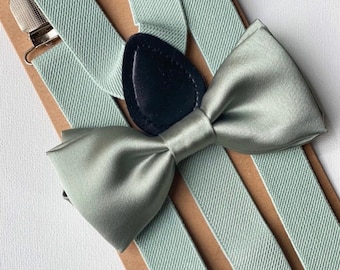 Sage Satin Bow Tie Pale Sage Suspenders Dusty Green Bow tie for men Groomsmen Outfit Dusty Green Suspenders All Sizes