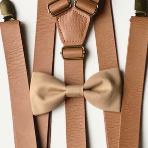 Taupe Bow Tie & Vegan Brown Leather Suspenders, Ring Bearer Gift, Ring Bearer Outfit, Groomsmen, Brown Suspenders, Bowtie, Bow Ties