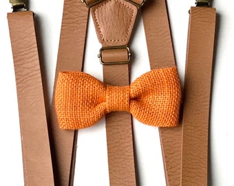 Burlap Orange Bow Tie & Vegan Leather BrownSuspenders Rustic Wedding Groomsmen Suspenders Boys Orange Bow Tie Bow Ties Ring Bearer Outfit