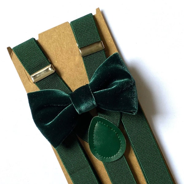 Emerald Green Bow Tie & Suspenders Dark Green Velvet Bow Tie Wedding Groomsmen Outfit Emerald Green Suspenders Ring Boy Outfit Green Velvet