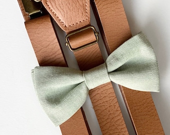Pale Sage Bow Tie-Tan Leather Suspenders-Dusty Green Bow Tie For Kids-Bow Ties For Men-Brown Leather Suspenders-Rustic Wedding-Men Suspender