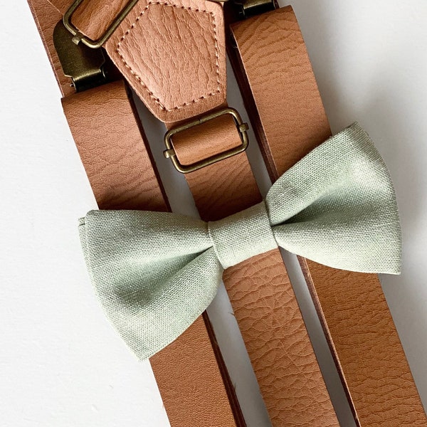 Pale Sage Bow Tie-Tan Leather Suspenders-Dusty Green Bow Tie For Kids-Bow Ties For Men-Brown Leather Suspenders-Rustic Wedding-Men Suspender