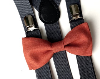Bow Tie & Suspenders Set- Burnt Orange Bow Tie-Dark Gray Suspenders-Burnt Groomsmen Ring Bearer Outfit- Baby Toddler Boys Mens Suspenders