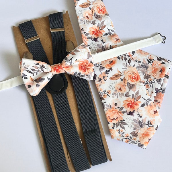 Peach floral bow tie for men and kids peach gray necktie pocket square Build your own set dusty orange floral bow tie wedding grooms necktie