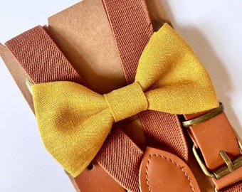 Mustard Bow Tie- Cognac Suspenders- All Sizes- Mustard Linen Long Tie- Rustic Wedding Autumn Wedding Outfit for Groomsmen or Ring Bearer