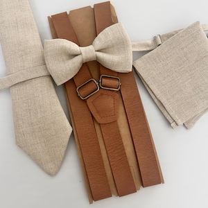 Natural linen necktie, tan brasses and bow tie, rustic wedding grooms natural linen bow ties, tan brown suspenders, gift for him, all sizes