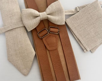 Natural linen necktie, tan brasses and bow tie, rustic wedding grooms natural linen bow ties, tan brown suspenders, gift for him, all sizes