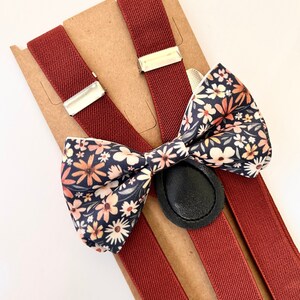 Navy Dusty Orange Bow Tie & Burnt Orange Suspenders- Floral Bow Ties- Fall Wedding- Groomsmen Outfit- All sizes BowTies and Suspenders