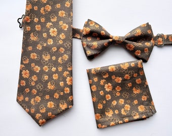 Dusty orange floral necktie- Floral Bowtie- Pocket Square- Gray and rust orange long tie- Build Your Own Set- Wedding Bow ties- Gift for Him