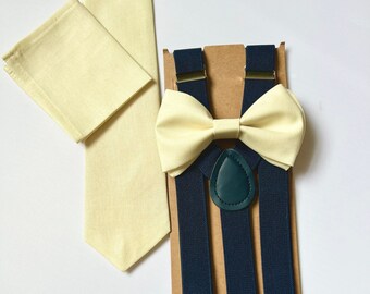 Pale Yellow BowTie- Long Tie- Pocket Square- BUILD Your Own SET- Dark Gray/ Light Gray Suspenders Navy Suspenders Pale Yellow Long Tie