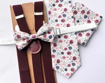 Beige Navy Burgundy Floral Bow Tie Long Regular/Skinny Tie Suspenders Pocket Square- Build Your Own Set- Men’s and Kids Bow Ties Wedding