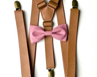 Leather Suspenders & Rose Bow Tie Set- Mens Suspenders- Elastic Suspenders-Groomsmen Suspenders- Ring Bearer Outfit- Bow Ties